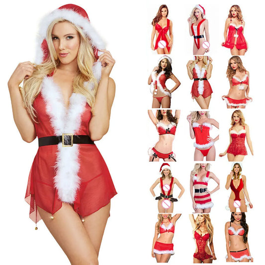 Christmas Sexy Lingerie Woman Lace Babydoll Nightwear Exotic Underwear Cosplay Santa Claus Hat Clothes Babydoll Dress Lingerie