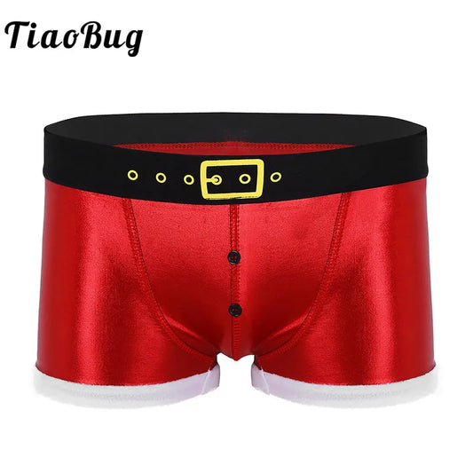Sexy Men Red Faux Leather Christmas Underwear Santa Claus Panties Costume Festival Fancy Party Rave Underpants Male Boxer Shorts
