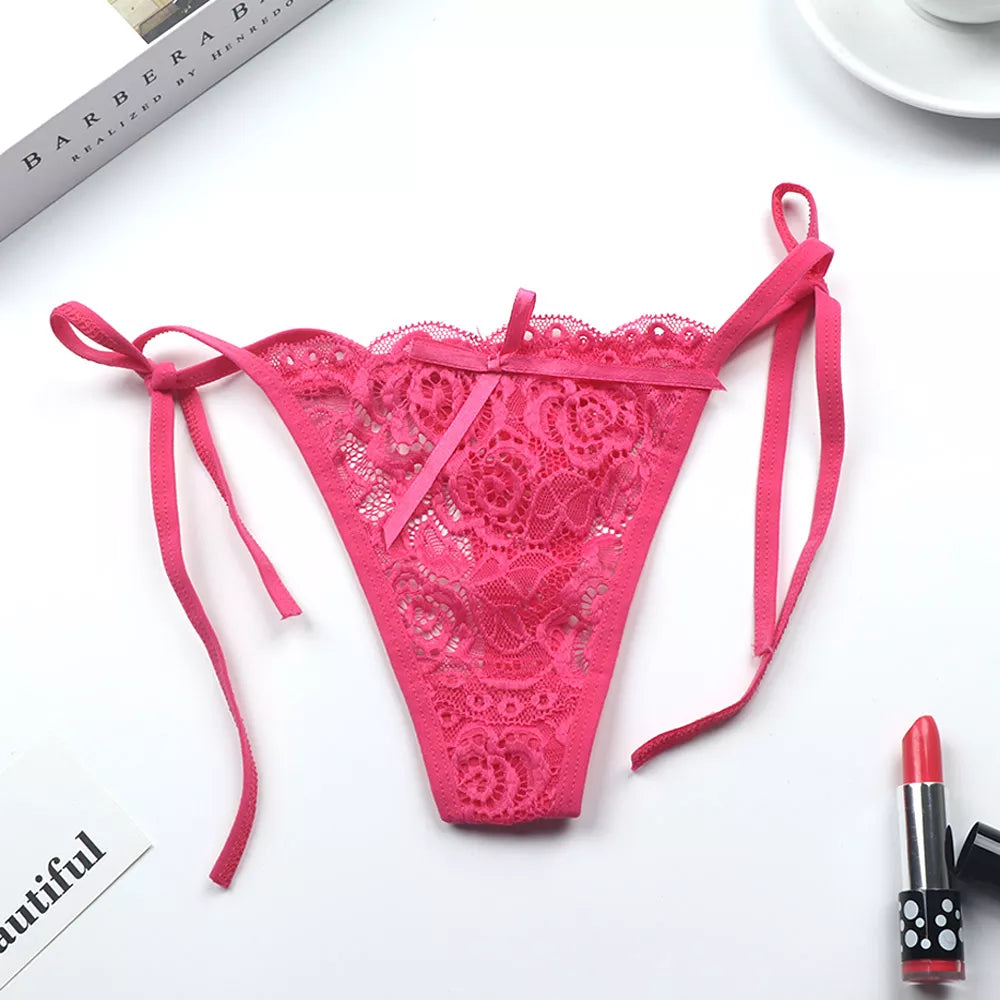1 Pcs Sexy G-string Thongs Women Panties Floral Sheer Underwear Soft Side Tie Lingerie Briefs Lace Transparent Thong Panties