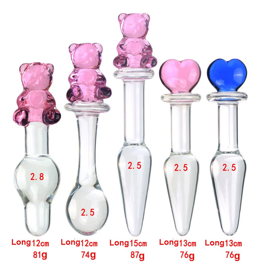 Cute Bear Head Glass Crystal Dildos Anal Plug Beads Fake Penis Vaginal Pleasure Wand Sex Products For Women Unisex Sex Toys