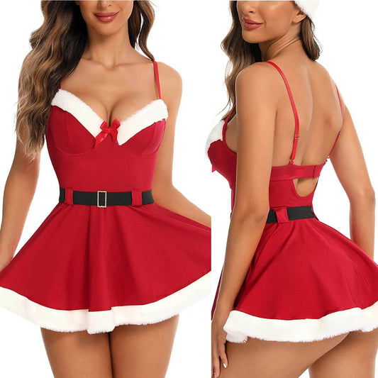 Women Christmas Jumpsuit Skirt Pajamas Lingerie Sleeveless Underwear Skirt Sexy Elegant Nightdresses With Belt Party Clubwear