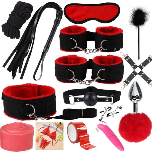 23Juguetes Nylon Couple BDSM Kit Sexy Plush Set Binding Handcuffs Sex Game Whip Nipple Clip Anal Plug Sex Toy Exotic Accessories