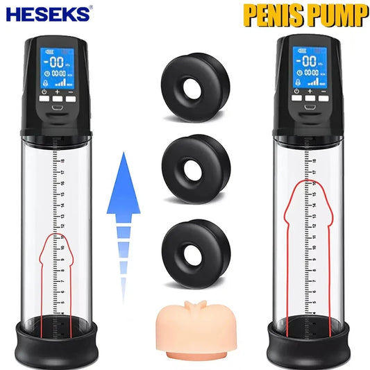 HESEKS LCD Electric Penis Pump Penis Enlargement Extend Pump Penis Trainer Male Masturbators Cup Dick Pump Sex Toys for Men