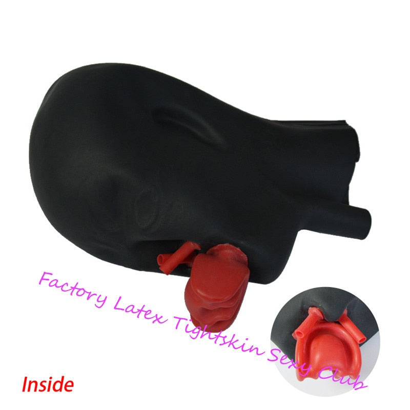 0.6mm Mould Full Head Latex Mask Fetish Open Closed Eye Rubber Hood with Red Mouth Teeth Lip Sheath Tongue Nose Tube 54-57cm - kinkykings