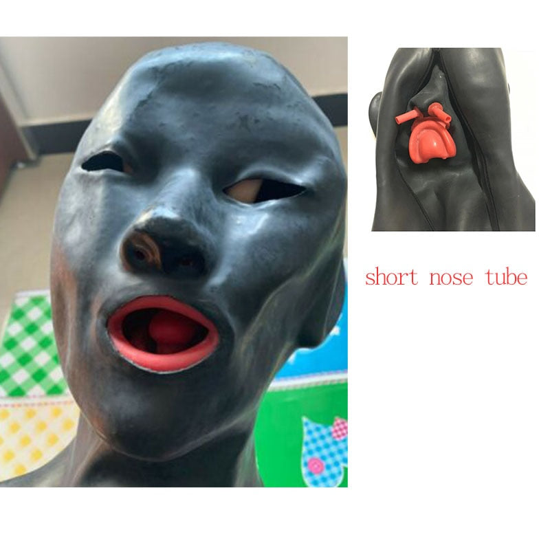 0.6mm Mould Full Head Latex Mask Fetish Open Closed Eye Rubber Hood with Red Mouth Teeth Lip Sheath Tongue Nose Tube 54-57cm - kinkykings