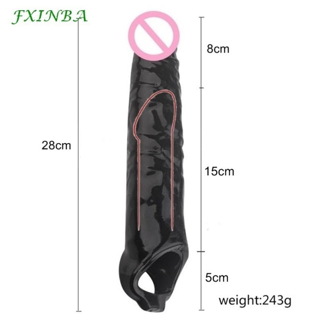 FXINBA 28cm Huge Penis Sleeve Bigger Cock Extender Sleeve Extended Dick Enlargement Reusable Condom Adult Sex Toys For Men - kinkykings