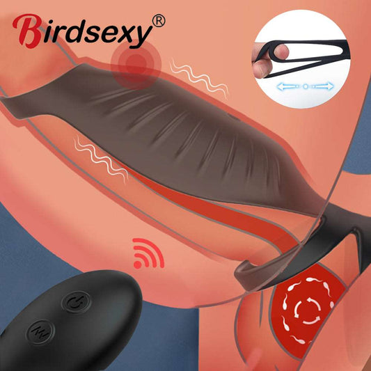 10 Mode Vibrating Penis Massager Ring Dildo Vibrator for Men Chastity Belt Remote Control Testicle Vibrator Sex Toys for Couples - kinkykings